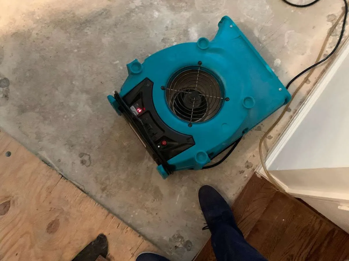 Air mover drying subfloor during Commercial Water Damage Restoration in Stockbridge